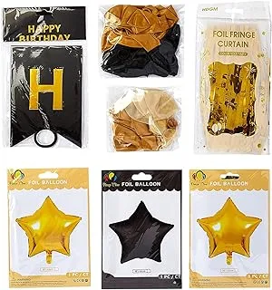 Black Decoration Kit, Gold Metallic Fringe Shiny Curtains, Happy Birthday Banner With Latex & Star Foil Balloons