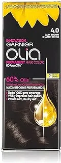 Garnier Permanent Hair Dye, Intense, Long-lasting Colour, Up to 100% Grey Hair Coverage, No Ammonia, 60% Oils, Olia, 4.0 Dark Brown