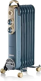 Ariete Vintage Oil Radiator with 7 Heating Elements, Adjustable Temp at 3 Power Levels 600W, 900W, 1500W, Swivel Wheels, Fast Room Heater Ideal for Bedroom, Home and Office - Blue ‎ART837/05