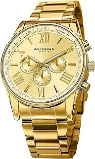 Akribos XXIV Men's Gold Multifunction Dual Time Zone Watch - Bezel with Inner Tachymeter Scale Sunburst Dial Date/Day Subdial and Luminous Hands Stainless Steel Bracelet AK736