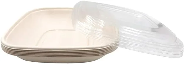 SNH ECO Friendly Bagasse أطباق مستطيلة باللون البيج 32 أونصة مع غطاء - مطعم ووجبة غداء وتخزين الوجبات السريعة - 12 قطعة.