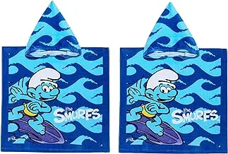 Smurfs kid's soft hand feel printed hooded poncho 100% cotton bath/pool/beach 60 x 120 cms - blue (buy 1 get 1 free)