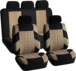 FH Group Car Seat Covers Full Set Beige Premium Cloth - Universal Fit, Automotive, Low Back Front, Airbag Compatible, Split Bench Rear Seat, Washable Cover for SUV, Sedan