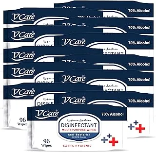 V Care Disinfectant Multi-Purpose Anti Bacterial Wipes - 96'S | Kills 99.9% Of Germs | Cleans And Protects Surfaces | (Pack Of 12)