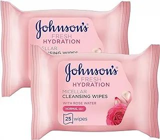 Johnson’s Fresh Hydration Micellar Cleansing Wipes, Pack of 2x25 Wipes, with Rose Water, for Normal Skin Types, Targeted Eye Makeup Removal, Gentle Makeup Removing Wipes, Refreshing Hydration