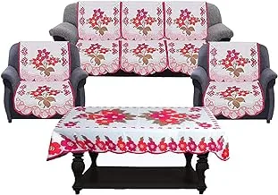 Kuber IndUStries Flower Cotton 7 Piece 5 Seater Sofa Cover With Center Table Cover (White & Pink)-Ctktc028732