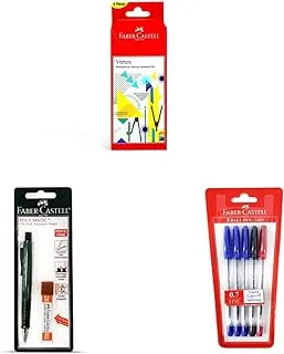 Faber Castell I Tec Mathematical Drawing Instruments, Red & Polymatic Mechanical Pencil 0.5mm,Assorted, 133201 & Faber-Castell 1423 Ball Pen 0.7mm Blister Of 5Pc Assorted (3 Blue + 1 Black + 1 Red)