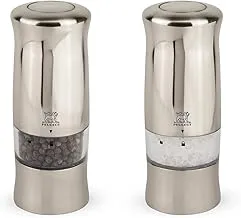 Peugeot Zeli Gift Set Pepper+Salt Mill 14cm Brushed Chrome. Stainless Steel & ABS body. With Built-in light. Battery operated. Push button operation. Made in France.