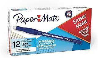 Paper Mate EraserMate Erasable Pen, Medium Point, Blue, Box of 12