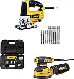 Dewalt Pendulum Jigsaw, 650W, Variable Speed, 10 X Jigsaw Blades + Random Orbit Sander, 5 In, Variable Speed + Cordless Power Screwdriver, 8V, 45 Pieces Accessories In Kitbox - Dwe349Wo-B5