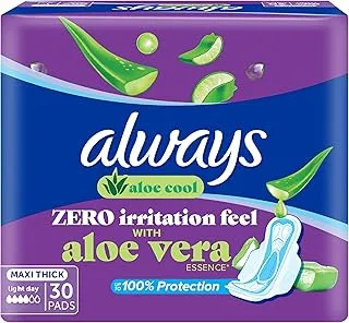 Always Aloe Cool Disposable Pads With Aloe Vera Essence For Light Days, For Zero Irritation Feel, Long Maxi Thick Pads With Wings, 30 Count