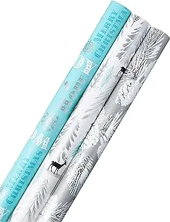 Hallmark Holographic Christmas Wrapping Paper Bundle with Cut Lines on Reverse (Pack of 3, 80 sq. ft. ttl) Elegant Woodland with Deer, Pinecones, Teal and Silver