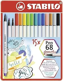 Stabilo Premium Fibre Tip Pen Stabilo Pen 68 Brush Tin Of 15 Assorted Colours, Multicolor, Us-11