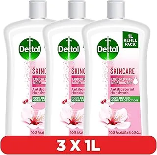 Dettol Skincare Hand Wash Liquid Soap Refill, Rose & Sakura Blossom Fragrance, 1L, Pack Of 3