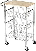 Amazon Basics 3-Tier Metal Basket Rolling Cart with Wood Top, Silver