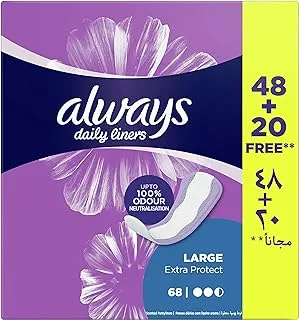 Always Daily Liners Extra Protect Pantyliners, Large, 48+20 Count