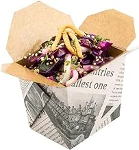 Disposable Noodle Take Out Container, To Go Box - Eco-Friendly Paper Square 8 oz Newsprint with Kraft Interior 200ct Restaurantware