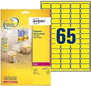 Avery L7651Y-25 Self-Adhesive Removable Neon Yellow Labels, 65 Labels Per A4 Sheet