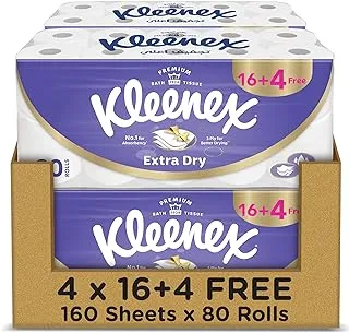 Kleenex Extra Dry Toilet Tissue Paper, 3 PLY, 80 Rolls x 160 Sheets, Embossed Bathroom Tissue with Superior Absorbency