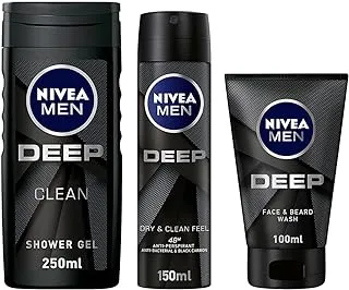 NIVEA MEN DEEP bundle: Face & Beard Wash Cleanser, Active Charcoal, 100ml + 3in1 Shower Gel Body Wash, Woody Scent, 250ml + Antiperspirant Spray for Men, Black Carbon Antibacterial, 150ml