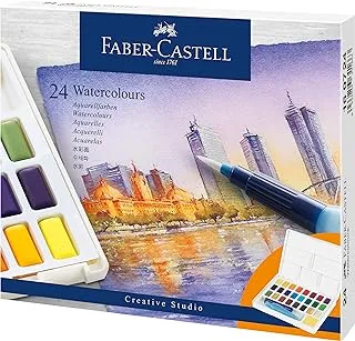 Faber-Castell Creative Studio Portable Watercolor Palette - 24 Water Colors In Half Pans With Travel Watercolor Brush, 24 Colors