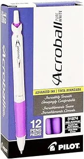 PILOT Acroball PureWhite Advanced Ink Refillable & Retractable Ball Point Pens with Purple Accents, Fine Point, Black Ink, 12-Pack (31854)