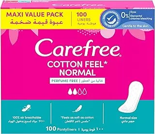 Carefree Cotton Feel Perfume Free Panty Liners, 100% Breathable, Normal Size, Pack of 100