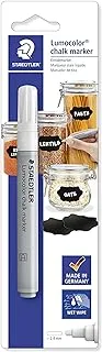 STAEDTLER Lumocolor 344-0 BK قلم تحديد الطباشير أبيض معتم على الأسطح الملساء يمكن مسحه باستخدام خط طرف رصاصة مبللة تقريبًا. قلم تحديد طباشير ذو قاعدة مائية مقاس 2.4 مم على بطاقة نفطة