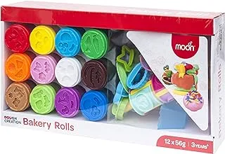 MOON Dough Creation Bakery Rolls – Educational Playdough for Kids with Cutters Tools – Non-Toxic Modeling Clay for 3+ Years – DIY Clay Toys and Accessories for Birthday Party – 12 x 56g