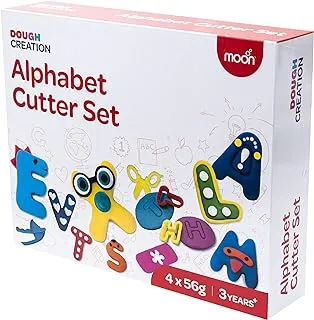 MOON Dough Creation Alphabet Cutter Set - لعبة تعليمية للأطفال مع أدوات تقطيع - صلصال غير سام للنمذجة لعمر 3 سنوات فما فوق - ألعاب الطين DIY وملحقاتها لحفلات أعياد الميلاد - 4 x 56g