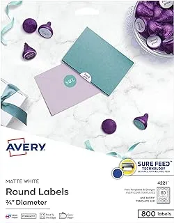 ملصقات دائرية قابلة للطباعة من Avery مع تغذية مؤكدة ، قطر 3/4 بوصة ، أبيض غير لامع ، 800 ملصق قابل للتخصيص (4221)