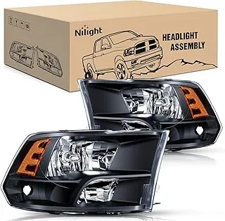 Nilight Headlight Assembly 2009 2010 2011 2012 2013 2014 2015 2016 2017 2018 Ram 1500 2500 3500 Pickup Quad Headlamp Assembly Replacement Black Housing Amber Corner Clear Lens,(Only for Quad Models)