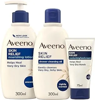 Aveeno skin relief nourishing lotion 300 ml, Aveeno skin relief bath and shower oil 300 ml and Free Aveeno skin relief moisturizing hand cream