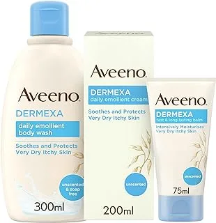 Aveeno dermexa emollient body wash 300ml, Aveeno dermexa emollient cream 200ml and Free Aveeno dermexa itch relief balm 75ml