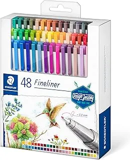 STAEDTLER Triplus Design Journey 334 C48-C أقلام فينيلاينر مريحة مثلثة الشكل مغطاة بالمعدن 0.3 مم تدوم طويلاً 48 قلمًا نهائيًا بألوان متنوعة في علبة من الورق المقوى