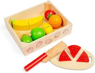 Bigjigs Toys Crate of Wooden Cutting Fruit with Chopping Board and Knife - Play Food Toys