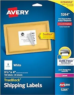 ملصقات عنوان الشحن من Avery، طابعات ليزر، 150 ملصقًا، 3-1/3x4، لاصق دائم، TrueBlock، 5 عبوات (5264)