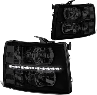 DNA Motoring HL-LED-CSIL07-BK-SM-CL1 Black smoked clear Pair LED DRL Strip Headlight/Lamp [For 07-14 Chevy Silverado]