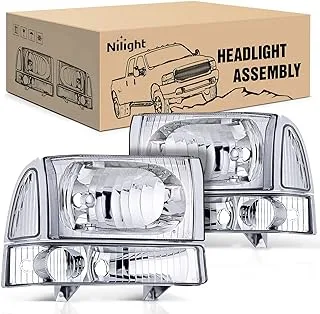 Nilight Headlight Assembly 1999 2000 2001 2002 2003 2004 F250 F350 F450 F550 Super Duty,Headlights Assembly Replacement,Chrome Housing Clear Corner Clear Lens,4 Pack