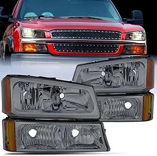 Nilight Headlights Assembly Silverado 2003 2004 2005 2006 Headlights Replacement Chrome Housing Amber Corner Smoke Lens Driver and Passenger Side，2 Years Warranty