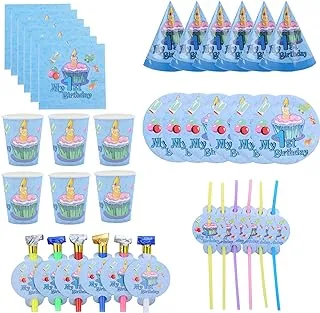 Goldedge PS12 My First birthday Cupcake with Candle Design Paper Plate Cups Straws Tissue 36-Piece Set