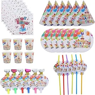 Goldedge Happy Birthday Print Design Paper Plate, Cups, Straws and Tissue 36-Piece Set