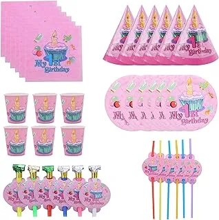 Goldedge My First birthday Cupcake with Candle Design Paper Plate Cups Straws Tissue 36-Piece Set