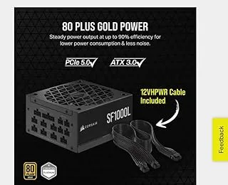 وحدة تزويد طاقة SFX منخفضة الضوضاء من Corsair SF1000L - متوافقة مع ATX 3.0 و PCIe 5.0 - مروحة هادئة 120 مم PWM - كفاءة ذهبية 80 PLUS - وضع صفر RPM - مكثفات مصنفة 105 درجة مئوية - أسود