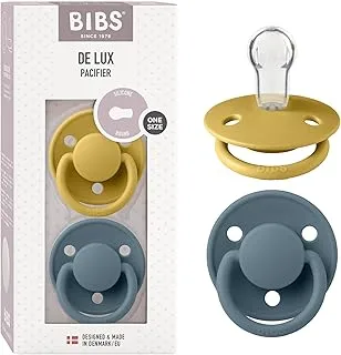 BIBS De Lux Soother 2-Pack, BPA Free Dummy Pacifier, Round Silicone, OneSize (0-36 Months), Mustard/Petrol