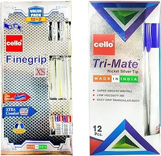 Cello Tri-Mate Ballpen 12Pcs Blue + Cello Finegripxs 14Pcs Blue, Smooth pressure-free writing