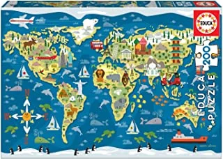 Educa - World Map, Sean Sims, 200 Piece Children's Puzzle, Approximate measurement once assembled 40 x 28 cm, Composed of large, perfectly finished pieces. From 6 years (19292)