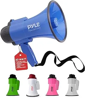 مكبر الصوت المحمول PYLE Siren Bullhorn - مدمج ويعمل بالبطارية بقوة 30 وات وميكروفون ووضعين وصوت PA ومقبض قابل للطي للتشجيع واستخدام الشرطة PMP31BL (أزرق)