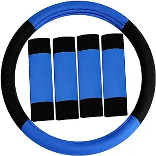 FH Group Universal Fit Modernistic and Seat Belt Pads Combo Set Steering Wheel Cover Fits Most Cars, SUVs Blue