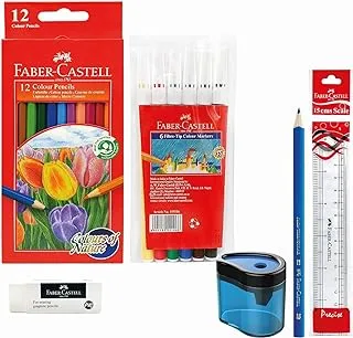 Faber-Castell School Stationery Basic Kit, Colour pencils 12Colours+Fibre tip Colour pen 6colour+Tri Graphite Pencil+Plastic Ruler 15cm+Eraser+Sharpener